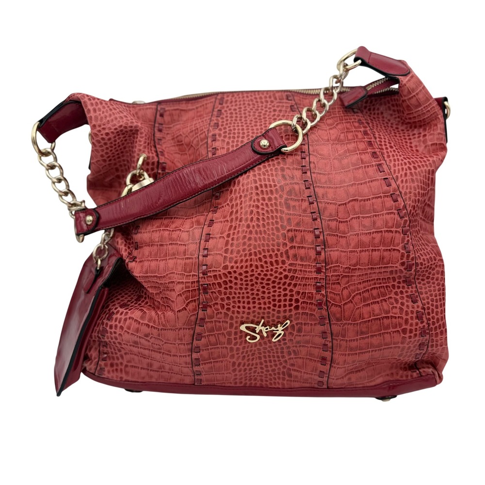 Sharif Shoulder Bag Red Crocodile Embossed Hobo Patent Trim Gold Hardware